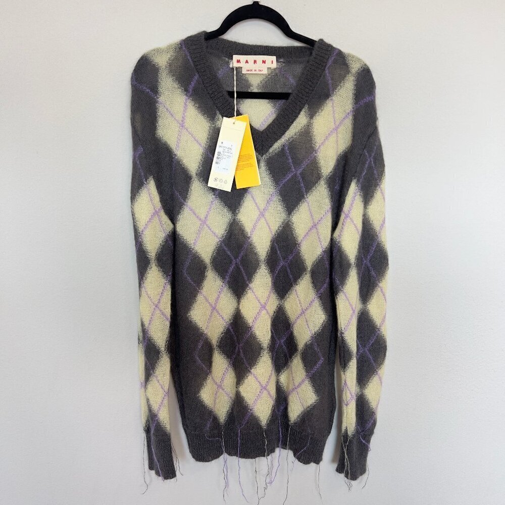 497 Nwt Marni Argyle-pattern V-neck wool-blend jumper Size 54 Color Grey Yellow - Picture 3 of 12
